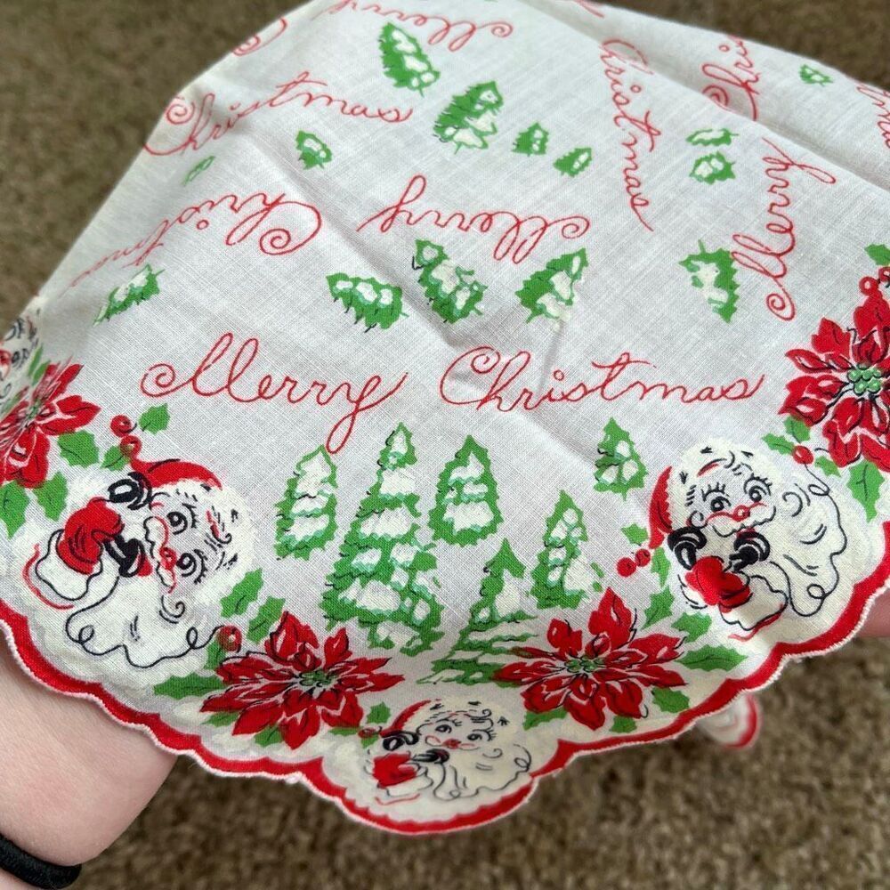 VTG 50s Christmas Hankie – Santa, Poinsettias, Trees – 13” Square